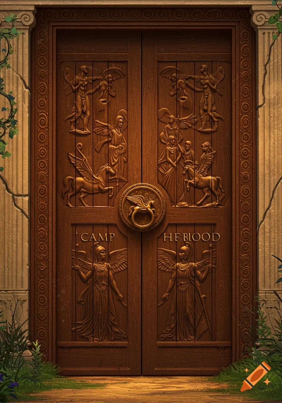 Large ornate wooden double door with Greek mythology reliefs, handle, and text.