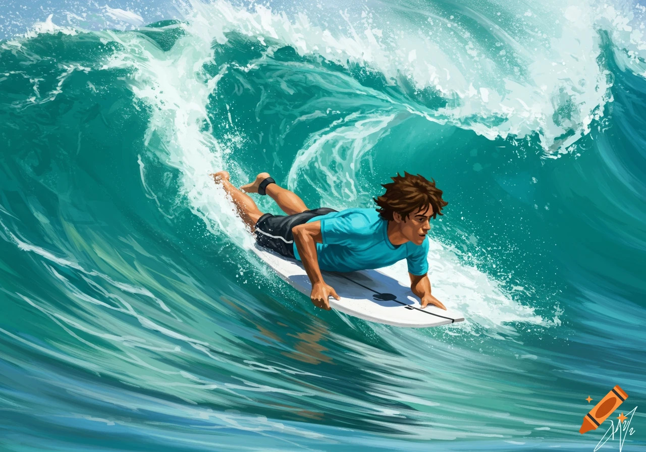 Illustration of a person bodyboarding on a large wave.
