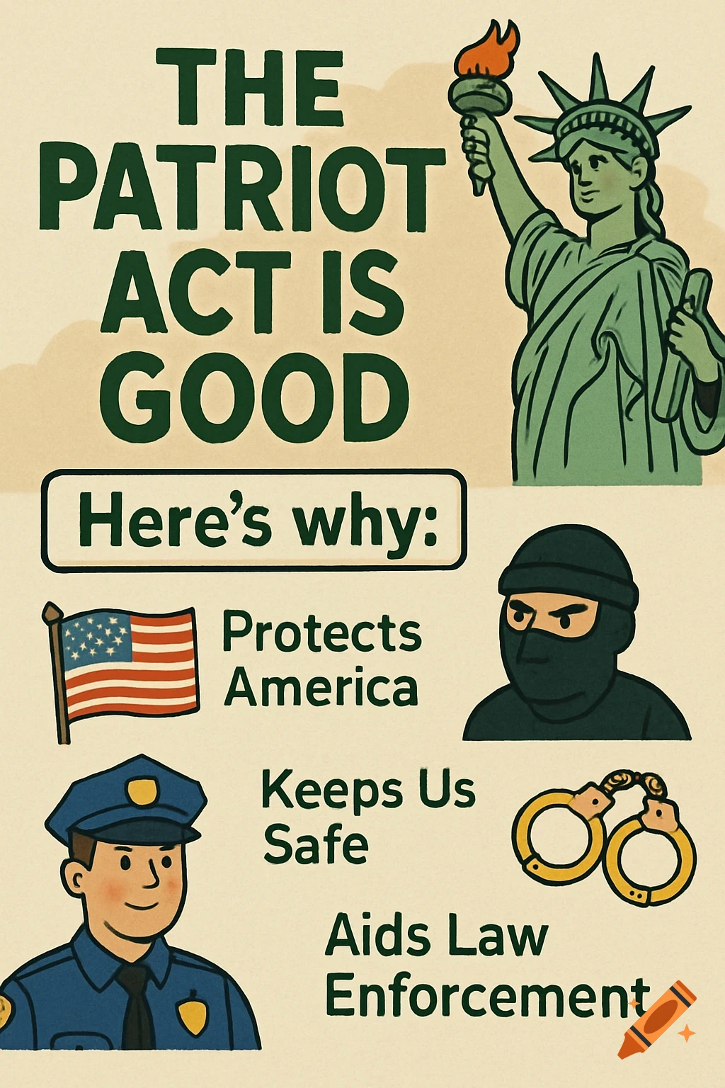 Cartoon explaining why the Patriot Act is good, showing Statue of Liberty, American flag, police officer, masked figure, and handcuffs.