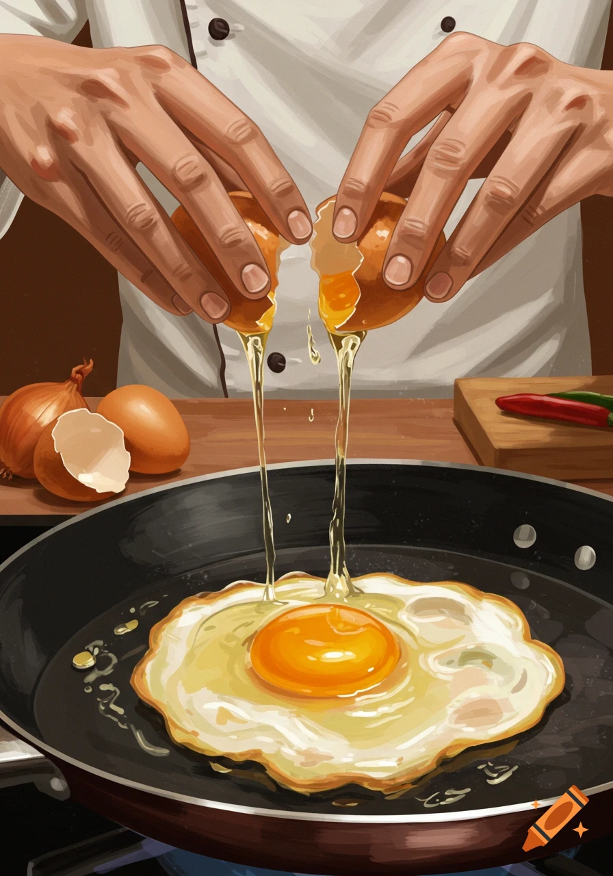 Close-up of hands cracking an egg into a frying pan in a painterly style.