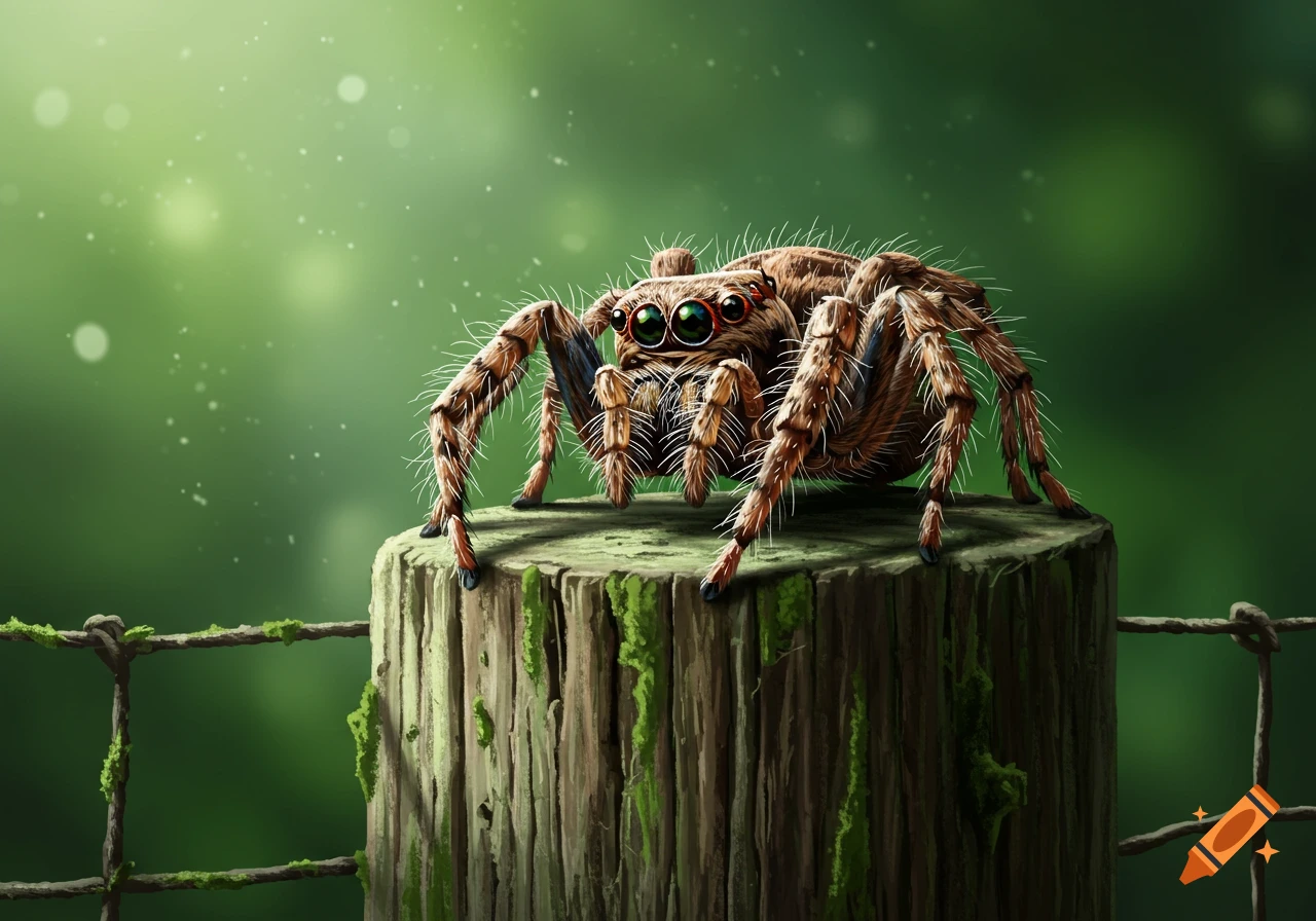 A brown jumping spider with large green eyes sits on a mossy wooden post in a forest clearing.