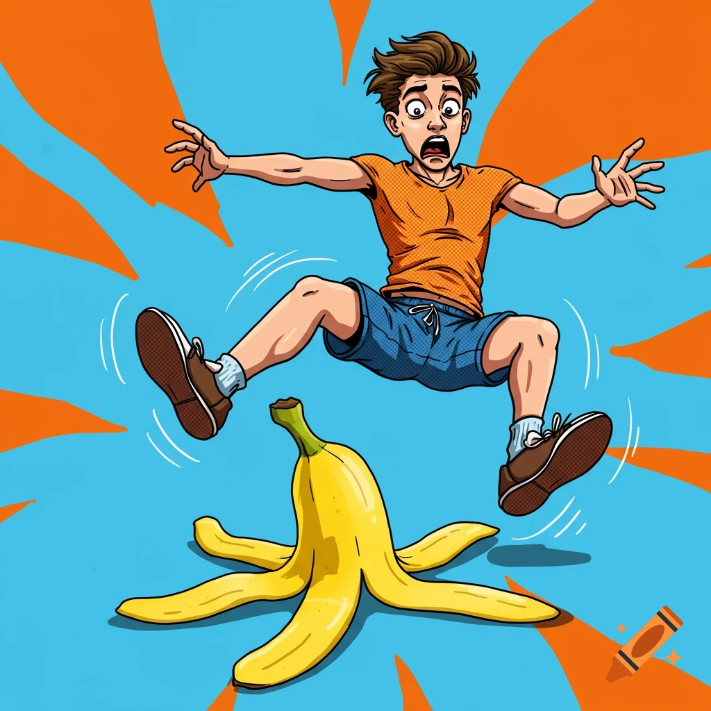 Cartoon illustration of a shocked man slipping on a banana peel.