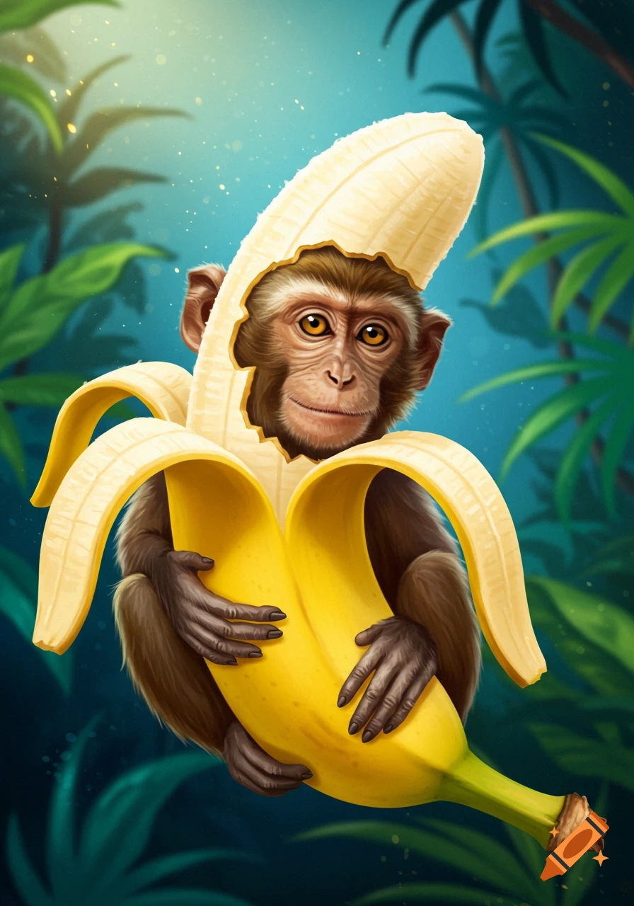 Illustrative image of a baby monkey sitting inside a peeled banana in a jungle.