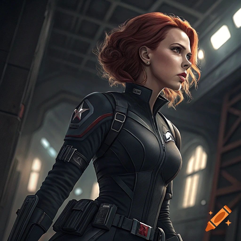 Photorealistic portrait of Black Widow with red hair in her suit, looking to the side in an industrial setting.