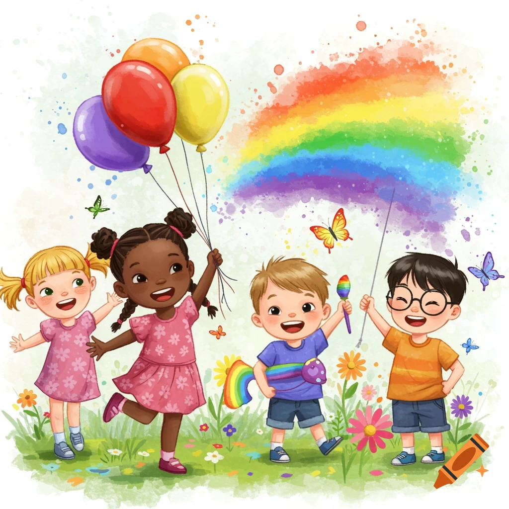 Watercolor illustration of happy children with balloons and a rainbow.