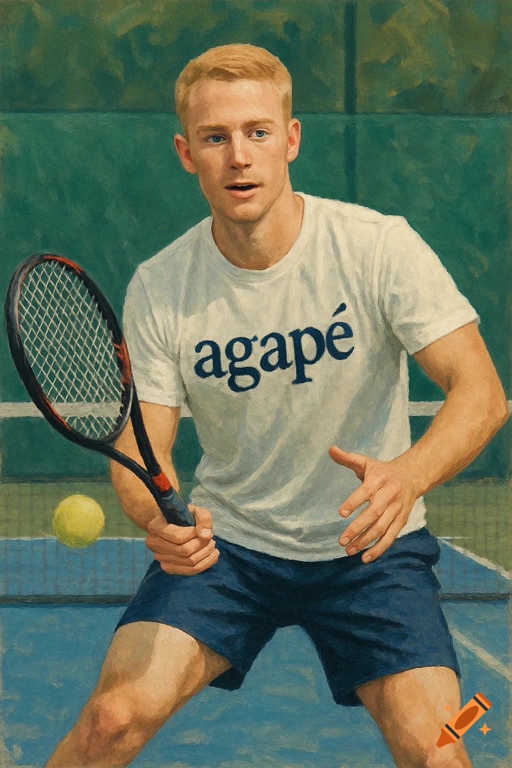Painting of a man with blond hair playing tennis, wearing a shirt that says 'agapé'