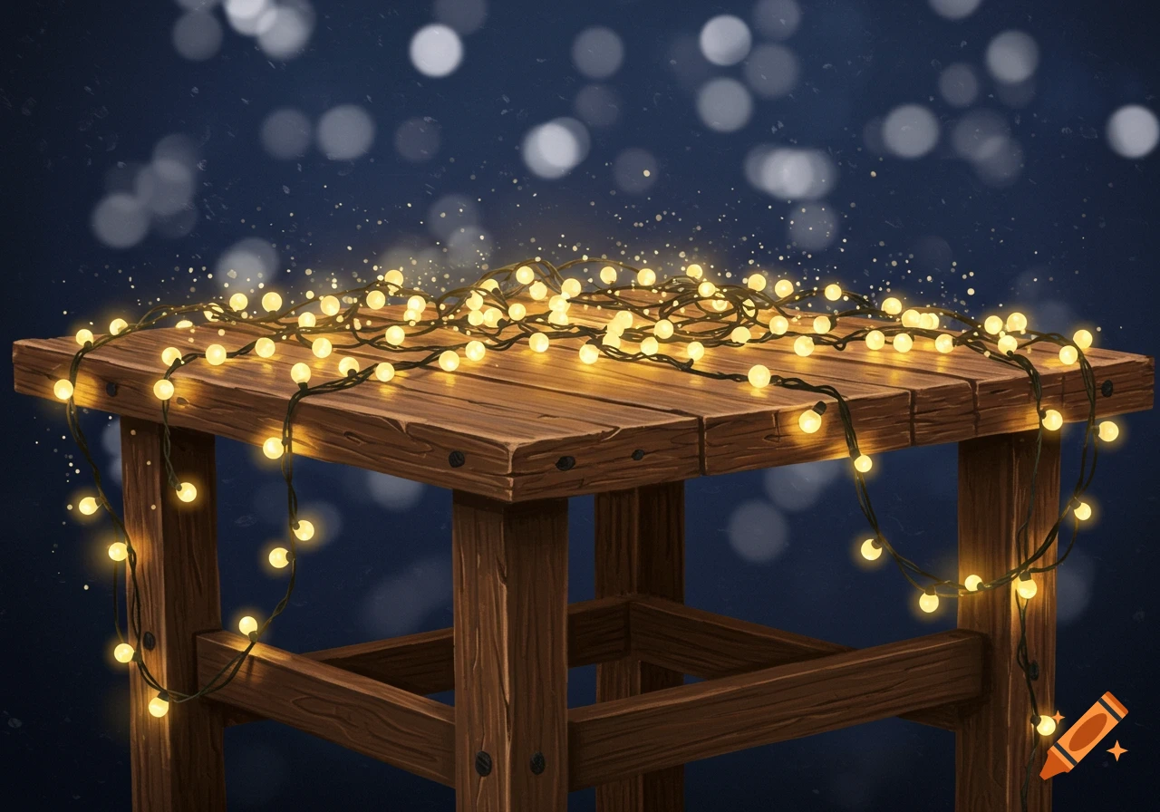 A wooden table covered in bright fairy lights against a bokeh background.