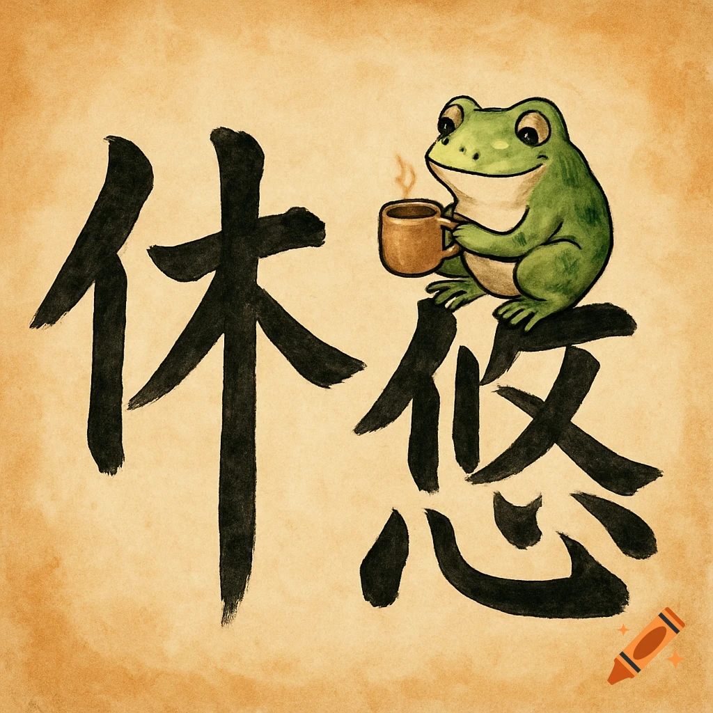 Watercolor illustration of a green frog sitting on large black Japanese calligraphy characters, drinking from a steaming mug.