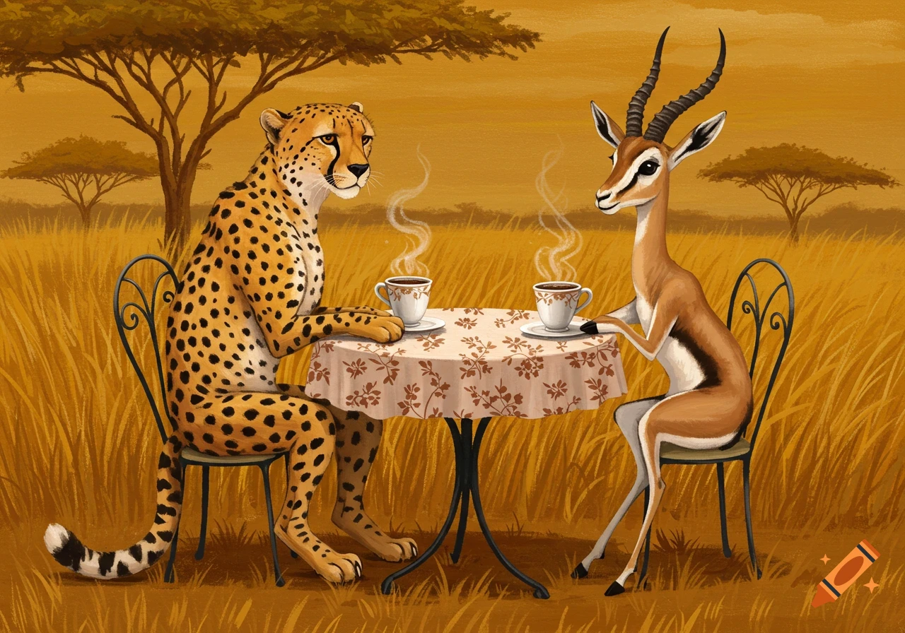 An illustration of a cheetah and a gazelle sitting at a table in the savanna, drinking coffee.