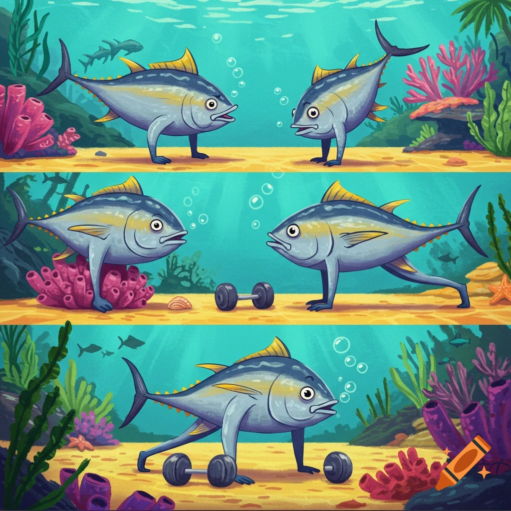 Cartoon tuna fish with legs exercise underwater.