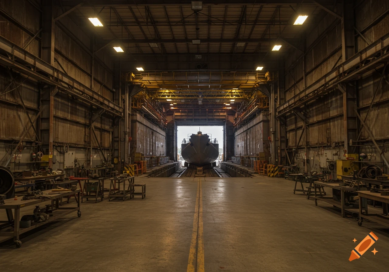 Interior of a shipyard building with a ship hull in a dry dock