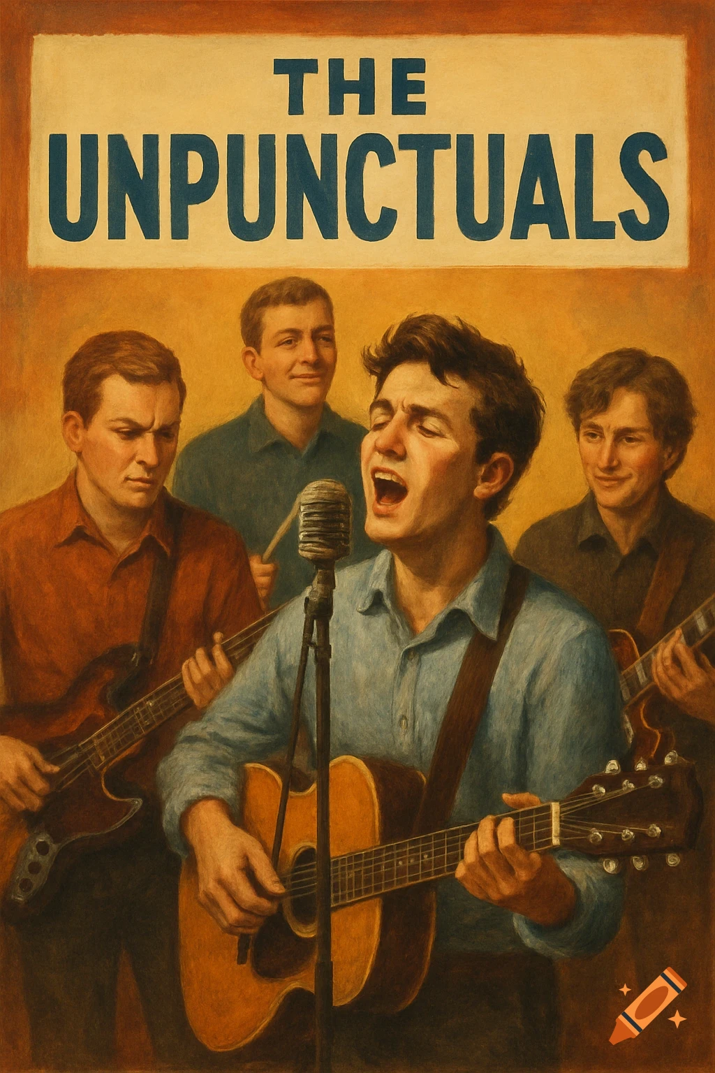 Poster of a band playing instruments, vintage painting style.