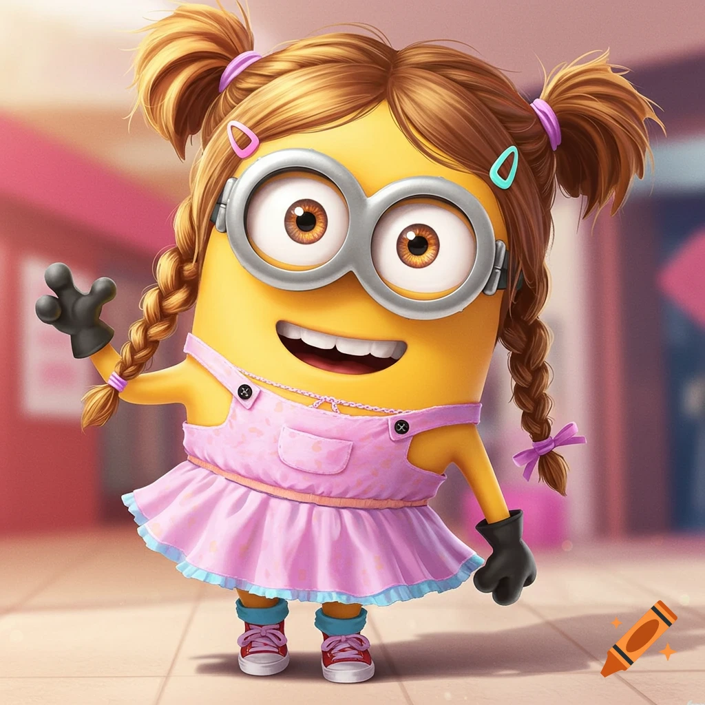 A Minion character wearing a pink dress and pigtails.