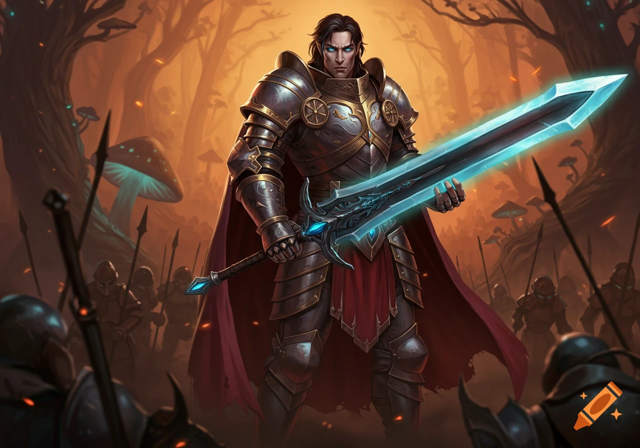 A knight in ornate armor holds a glowing blue sword before an army in a fantasy forest.