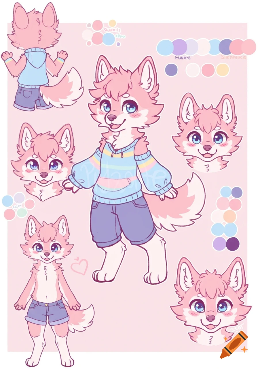 Reference sheet of a pink and white anthro wolf in pastel clothing, with multiple views and color palettes. Stylized drawing.