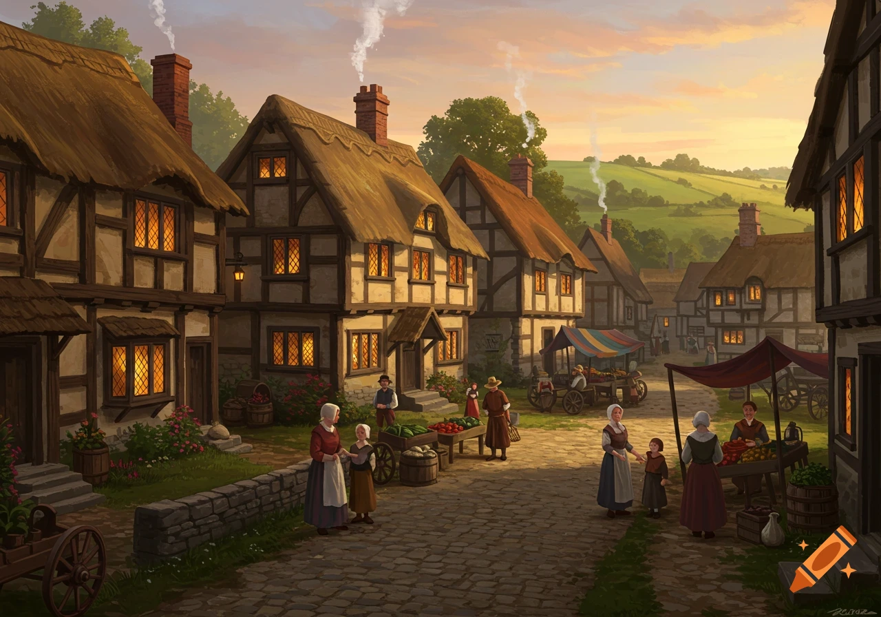 Sunset view of a 1600s English village market with people, thatched-roof houses, and rolling hills.
