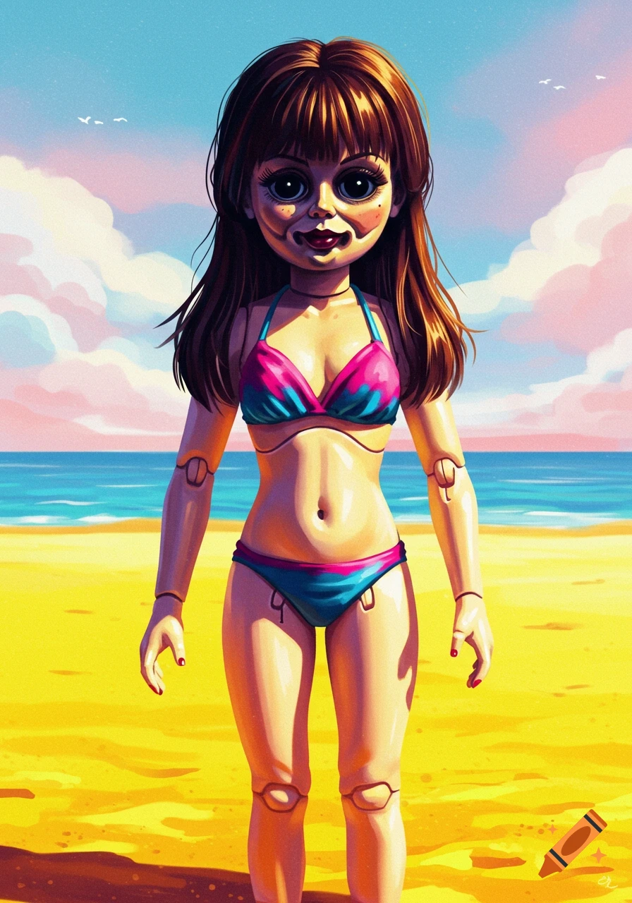 A doll wearing a pink and blue bikini stands on a beach.