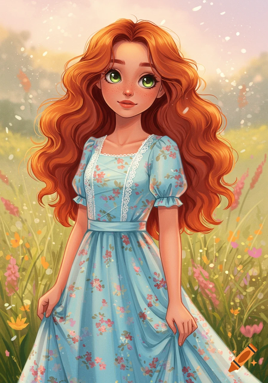 Illustration of a girl with red hair in a floral dress standing in a ...