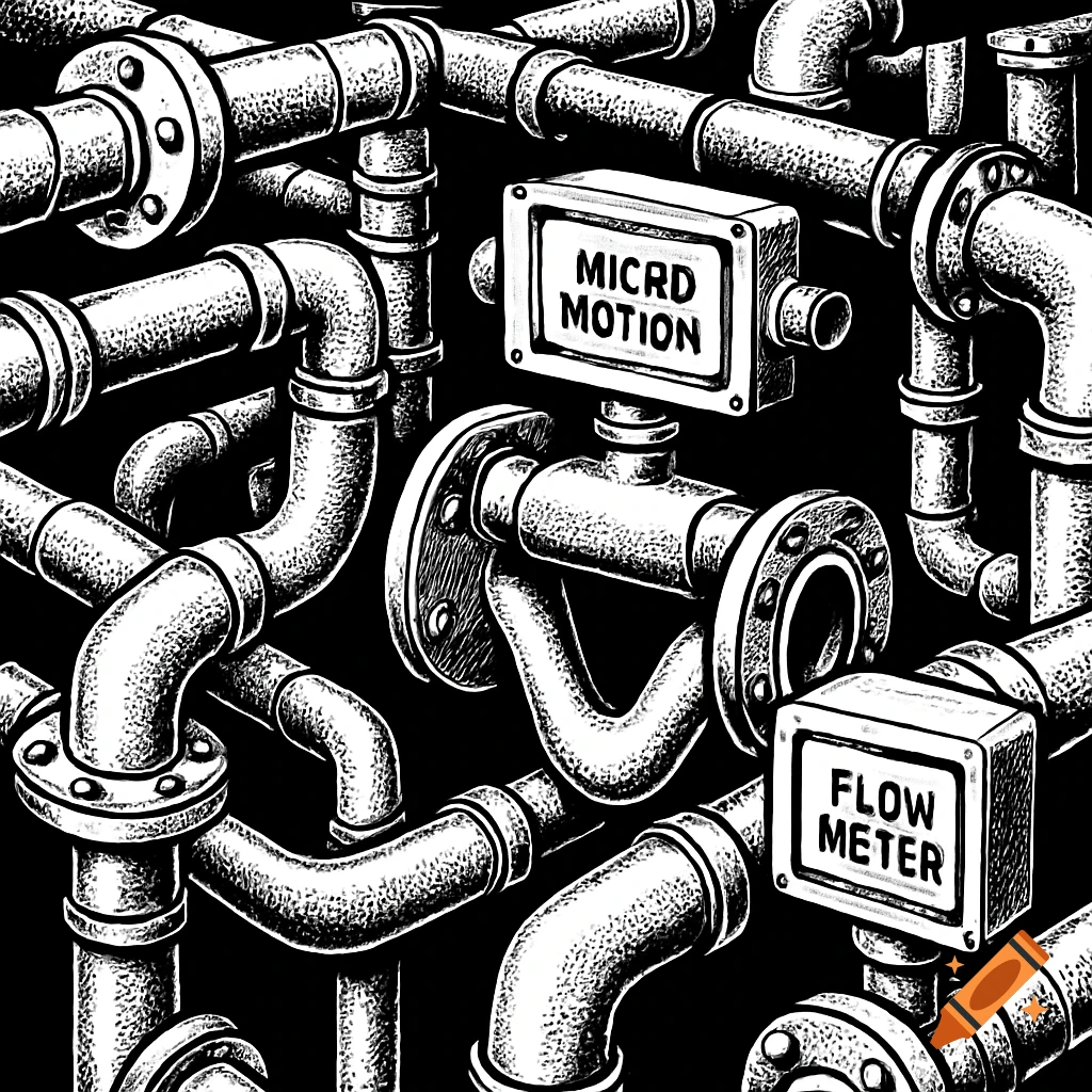 A black and white illustration of a complex network of industrial pipes, flanges, and two labeled meters.