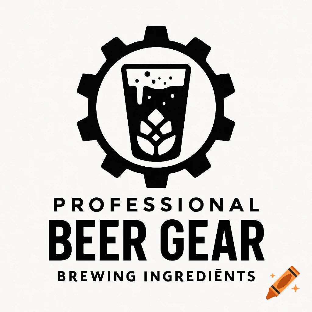 Black and white logo with a beer glass inside a gear. Text: Professional Beer Gear Brewing Ingredients.