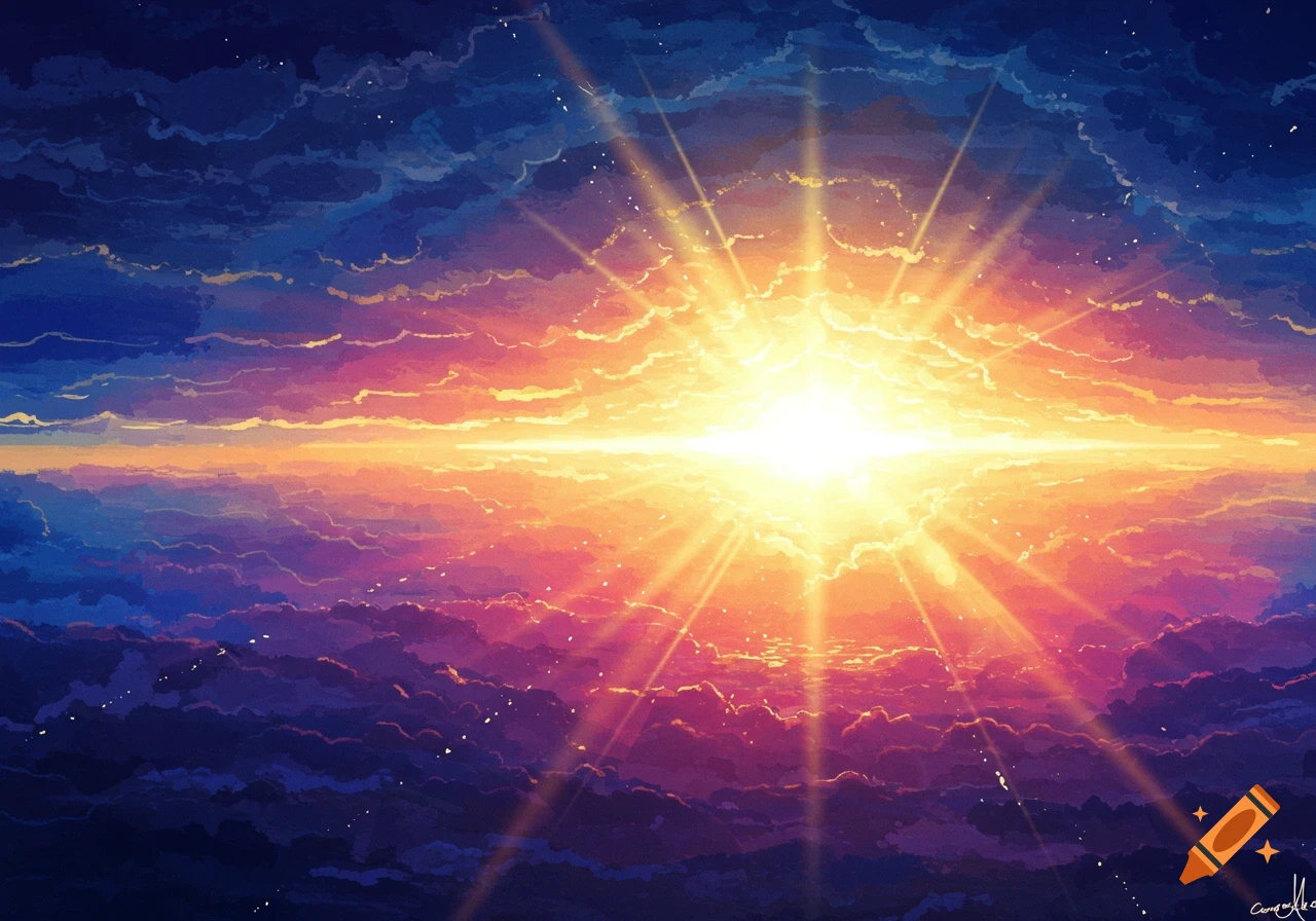 Vibrant anime-style sunrise over clouds with golden light rays