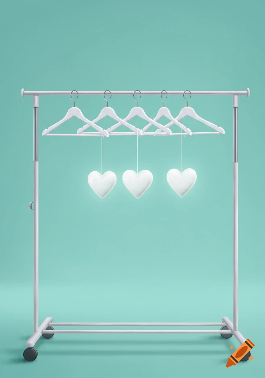 White clothing rack with hangers and hanging white hearts against a turquoise background.
