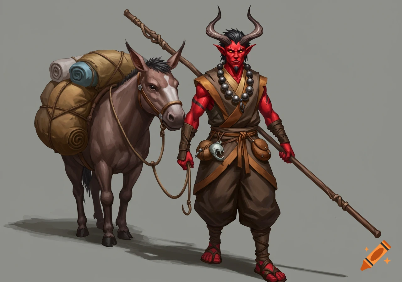 A red-skinned Tiefling monk stands next to a loaded pack mule.