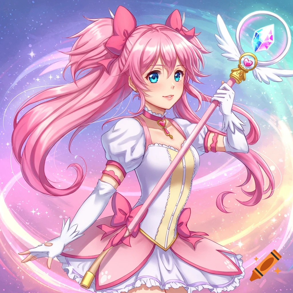 An anime girl with pink hair and a staff in a pink and white dress against a colorful background.
