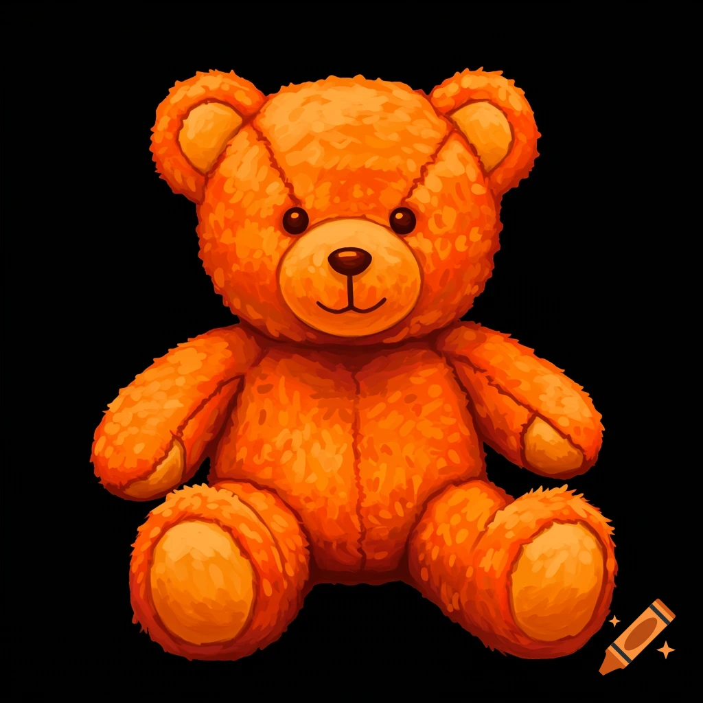An orange illustrated teddy bear sitting against a black background.
