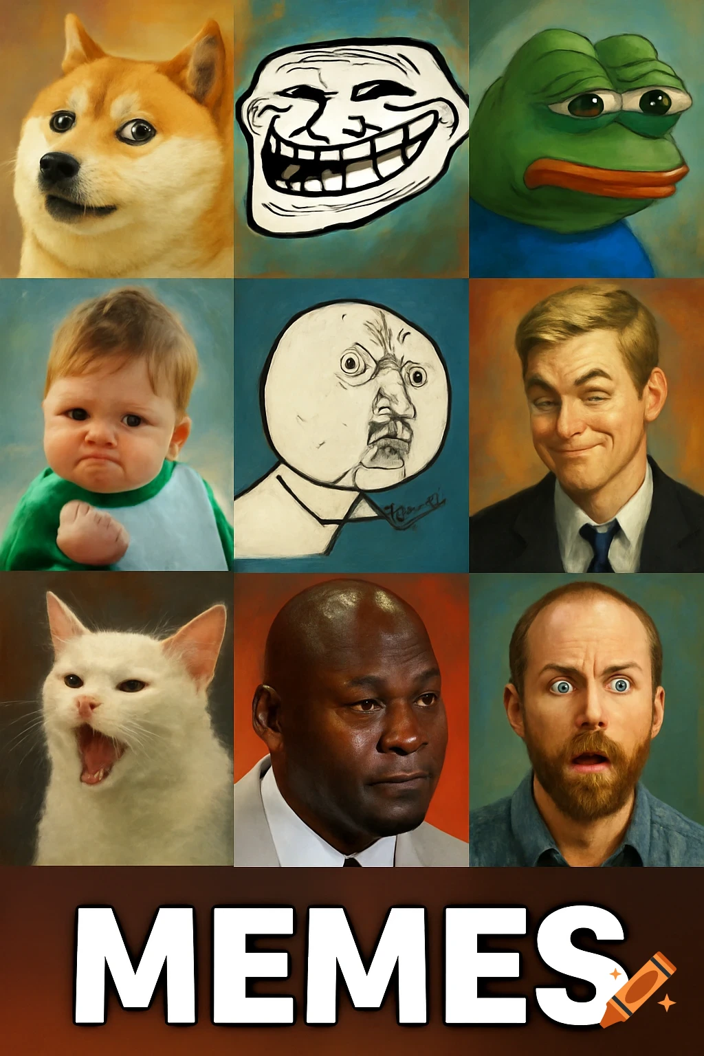 A collage of nine popular internet meme faces including Doge, Trollface, Pepe, Success Kid, and others, with the word MEMES at the bottom.