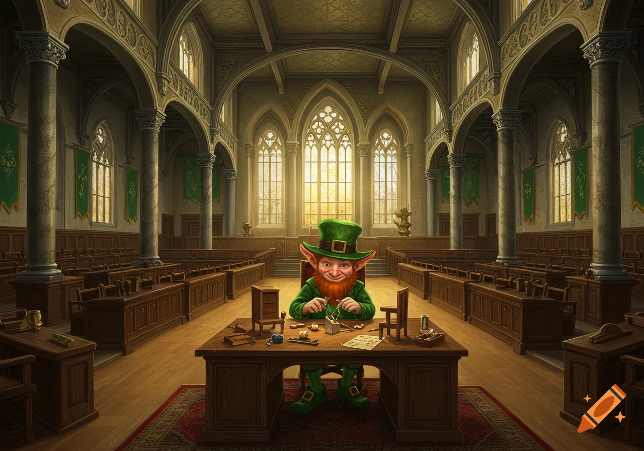 A leprechaun sits at a large wooden desk in a grand meeting hall.