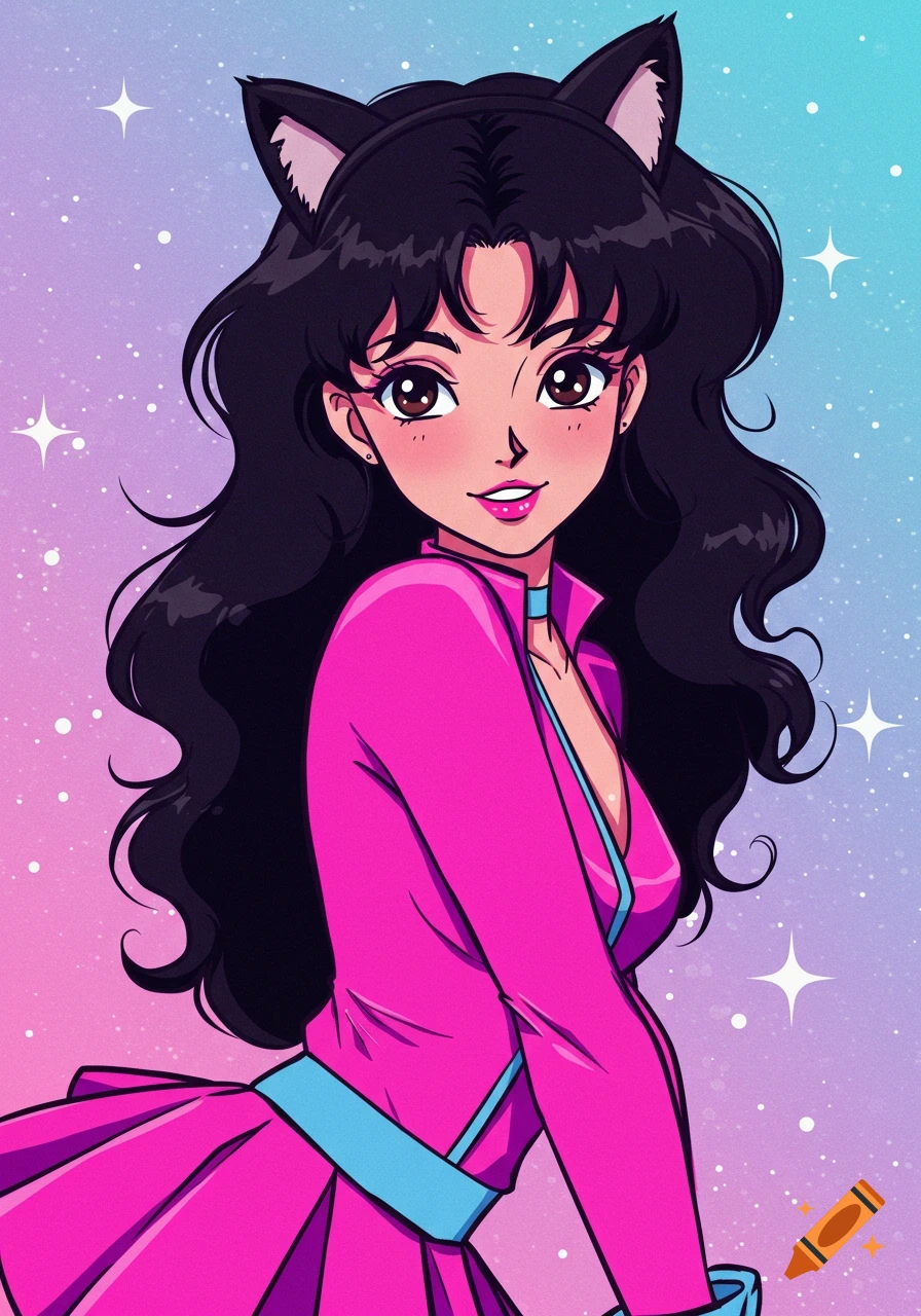 Anime woman with black hair and cat ears wearing a pink outfit against a starry background.