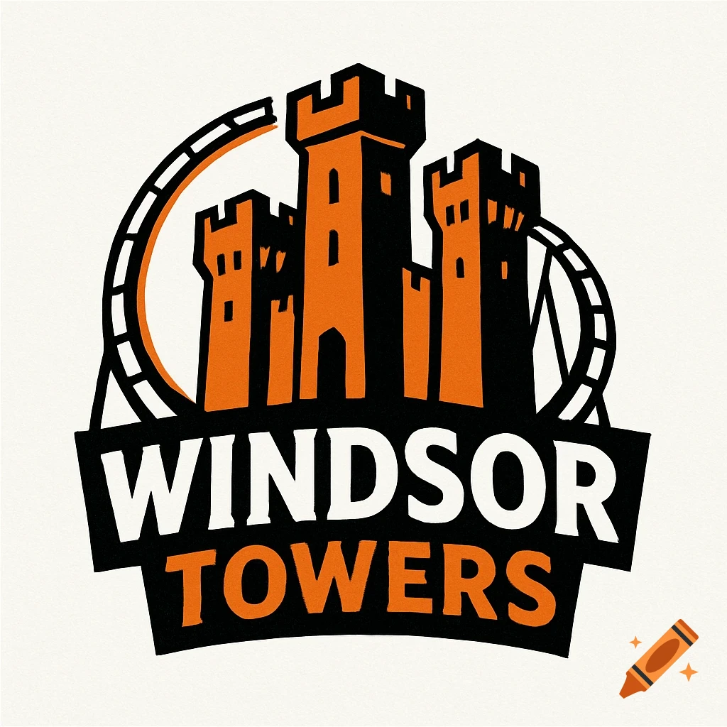Logo for Windsor Towers theme park with castle silhouette and roller coaster track in orange and black.