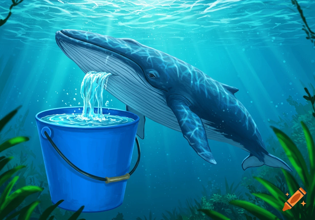 An illustration of a blue whale pouring water from its mouth into a blue bucket underwater.