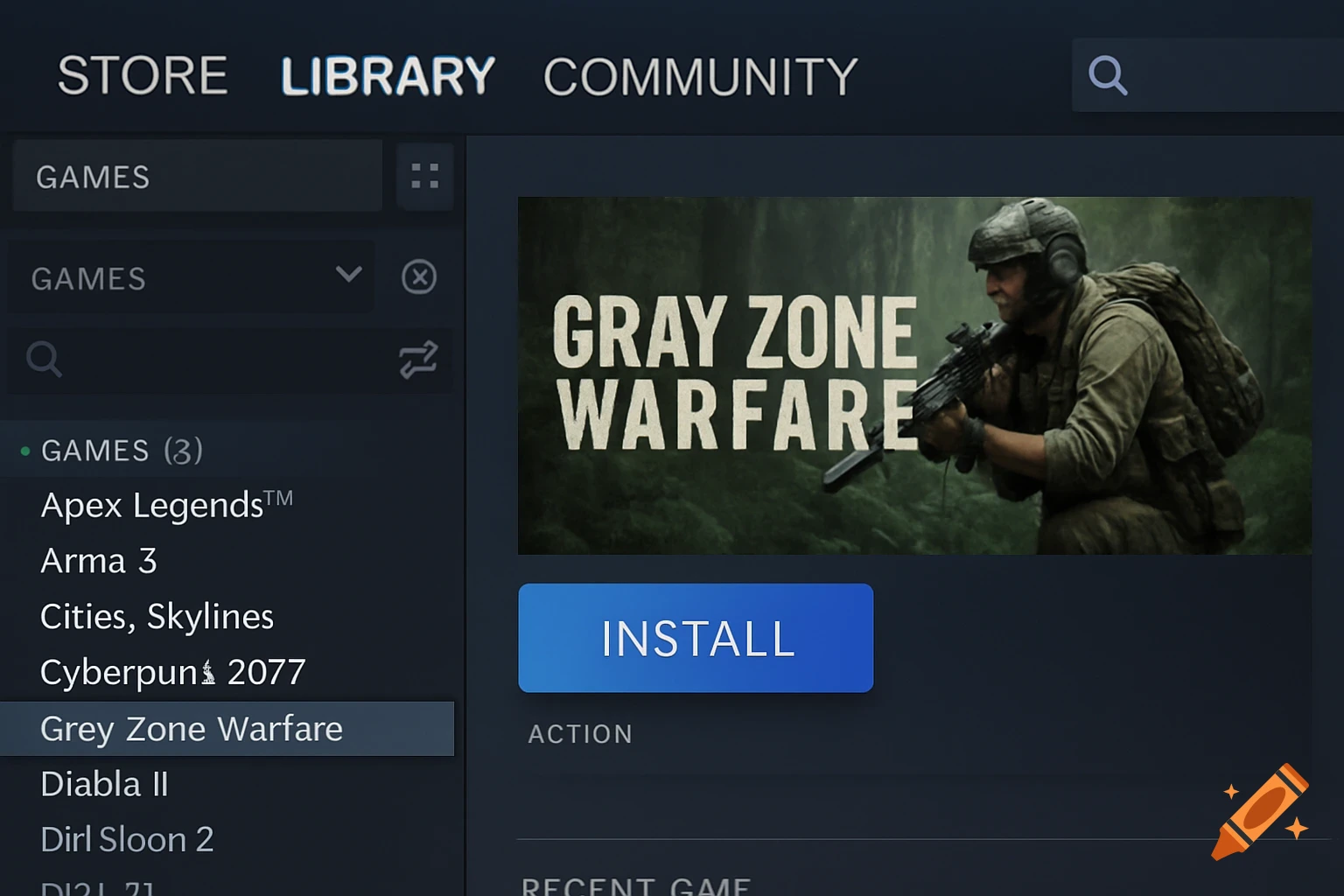 Screenshot of a Steam library showing the game Gray Zone Warfare selected.