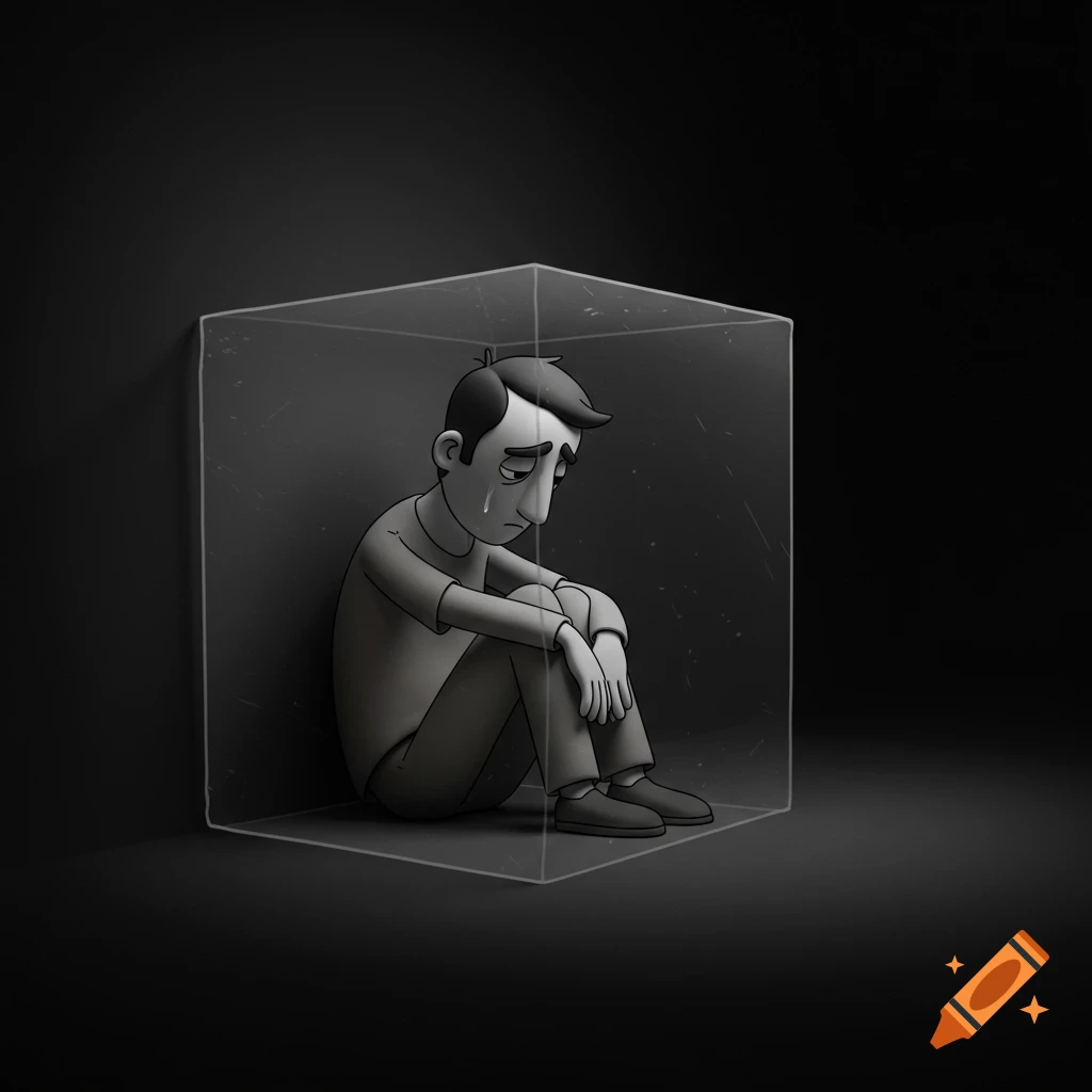 Cartoon illustration of a sad man sitting alone in a glass cube.