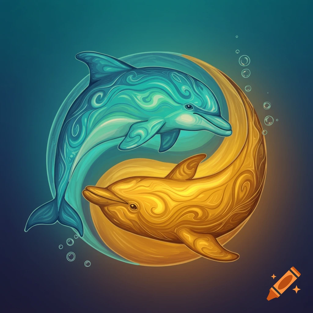Stylized blue and golden dolphins form a yin-yang symbol.