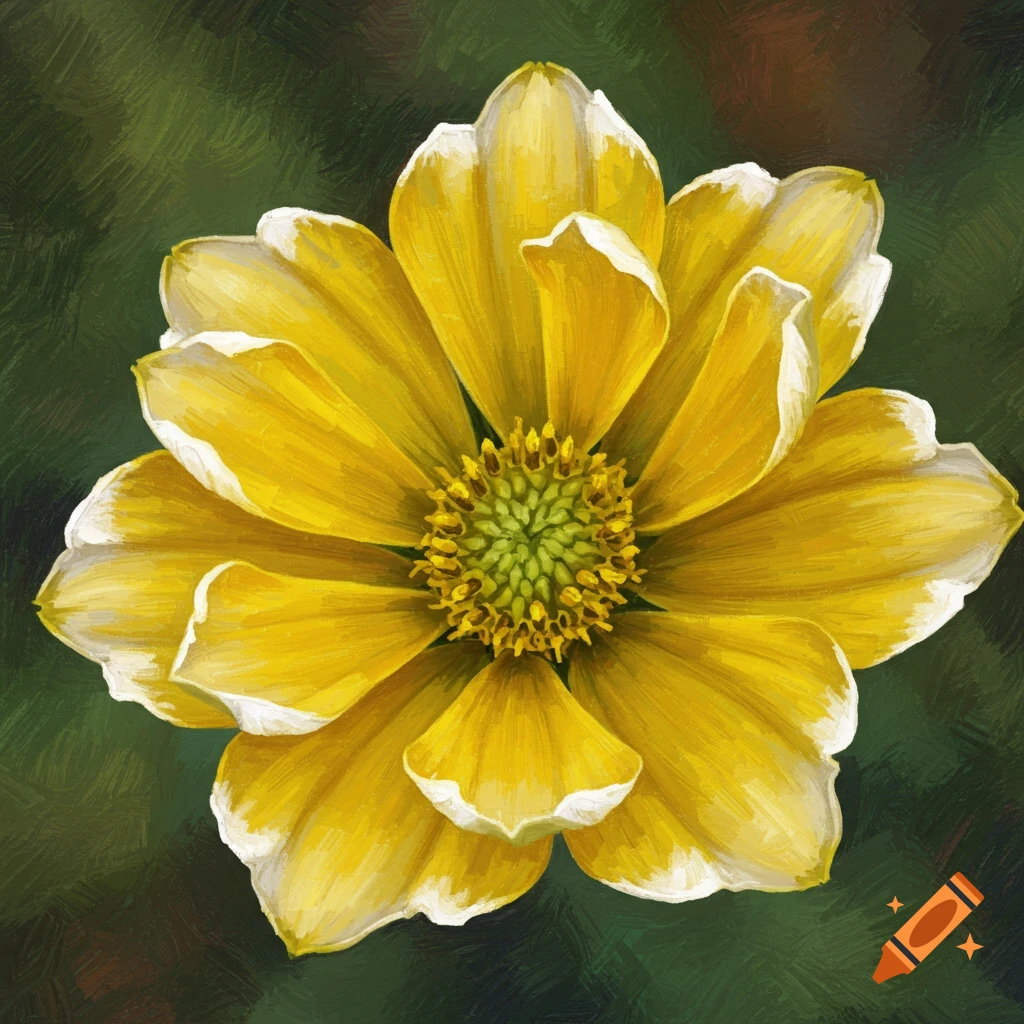 Close-up painting of a yellow and white flower with a green center