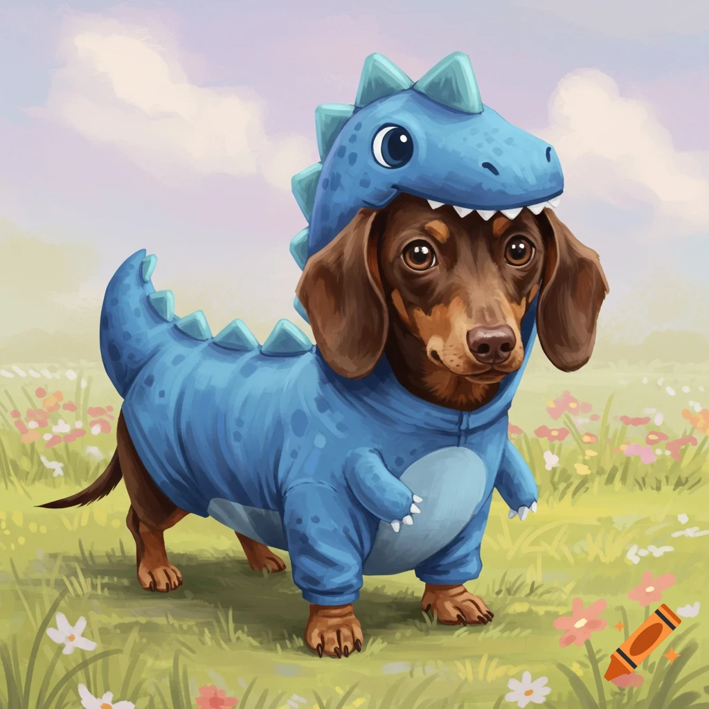 A dachshund dog wearing a blue dinosaur costume stands in a field.