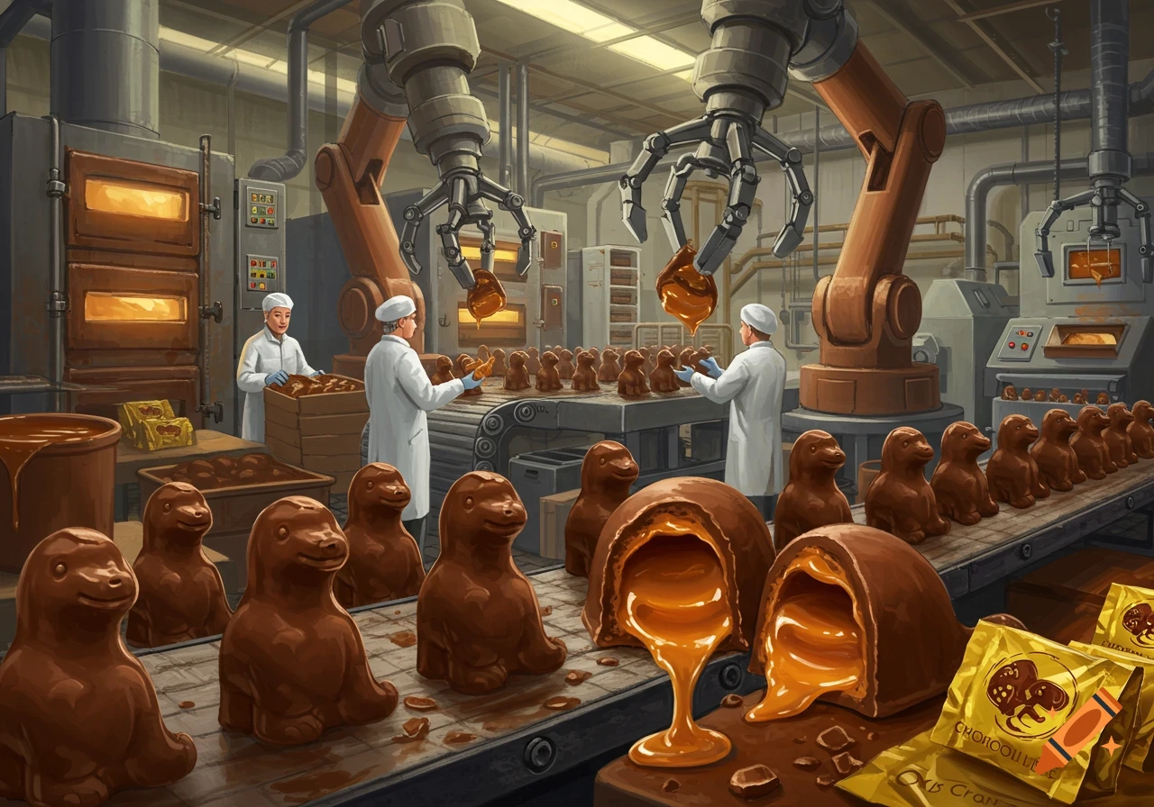 Workers and robots in a chocolate factory making caramel-filled chocolate dinosaurs.