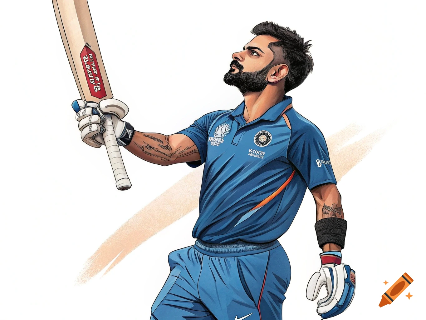 Stylized drawing of a man in a blue cricket uniform holding a bat aloft and looking up