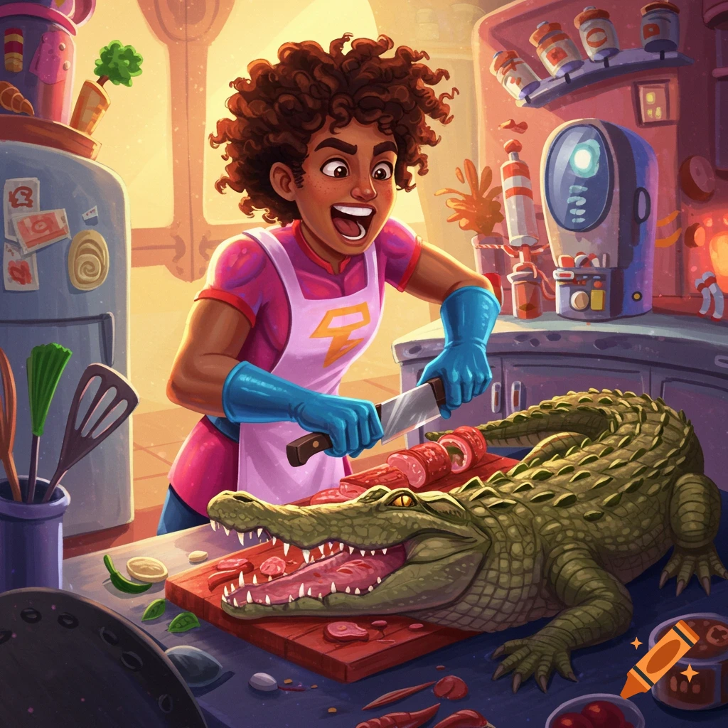 Superhero character chops an alligator on a cutting board in a kitchen, vibrant illustration style.