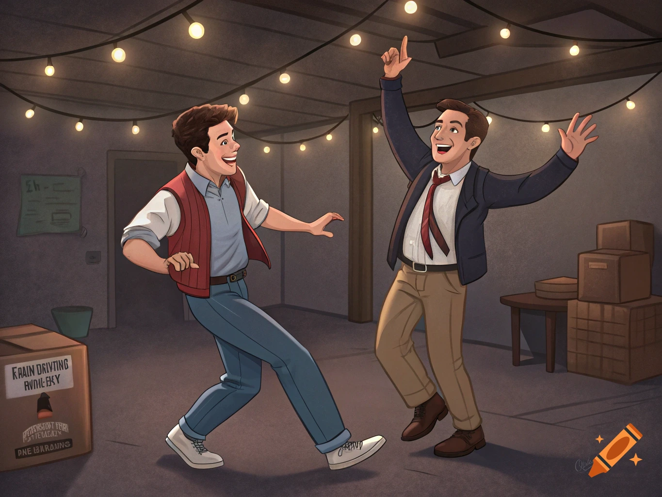 Cartoon illustration of two men dancing happily in a dimly lit basement with string lights and boxes.
