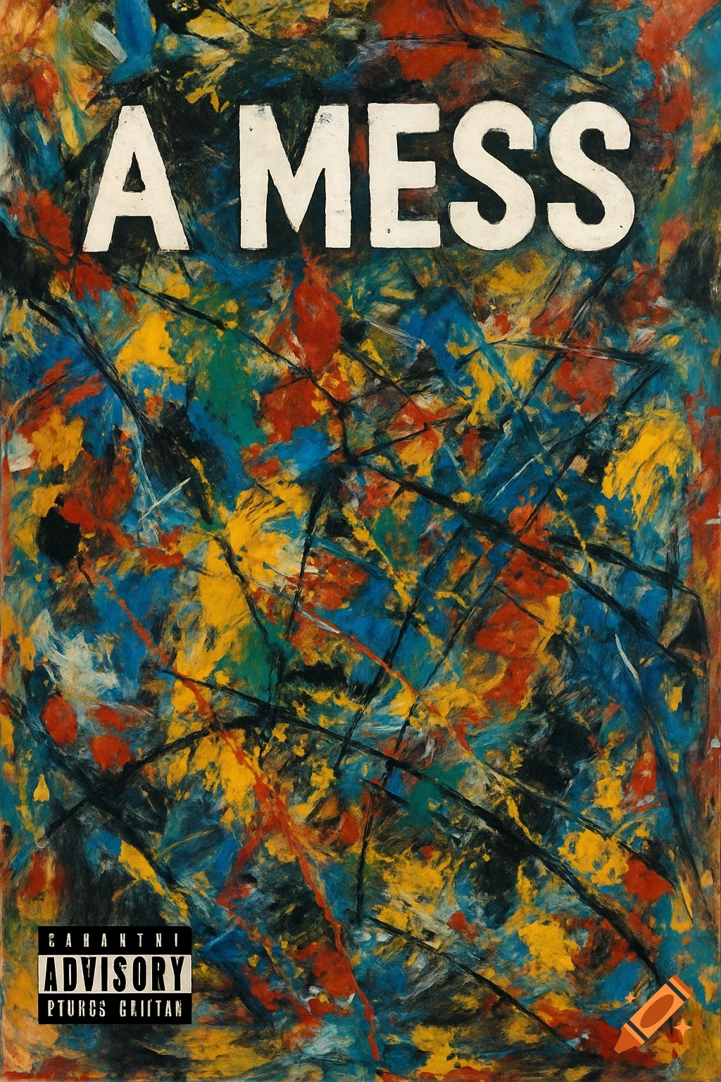 Abstract painting with brushstrokes of blue, yellow, red, and black, with the text 'A MESS' at the top, in the style of an album cover.