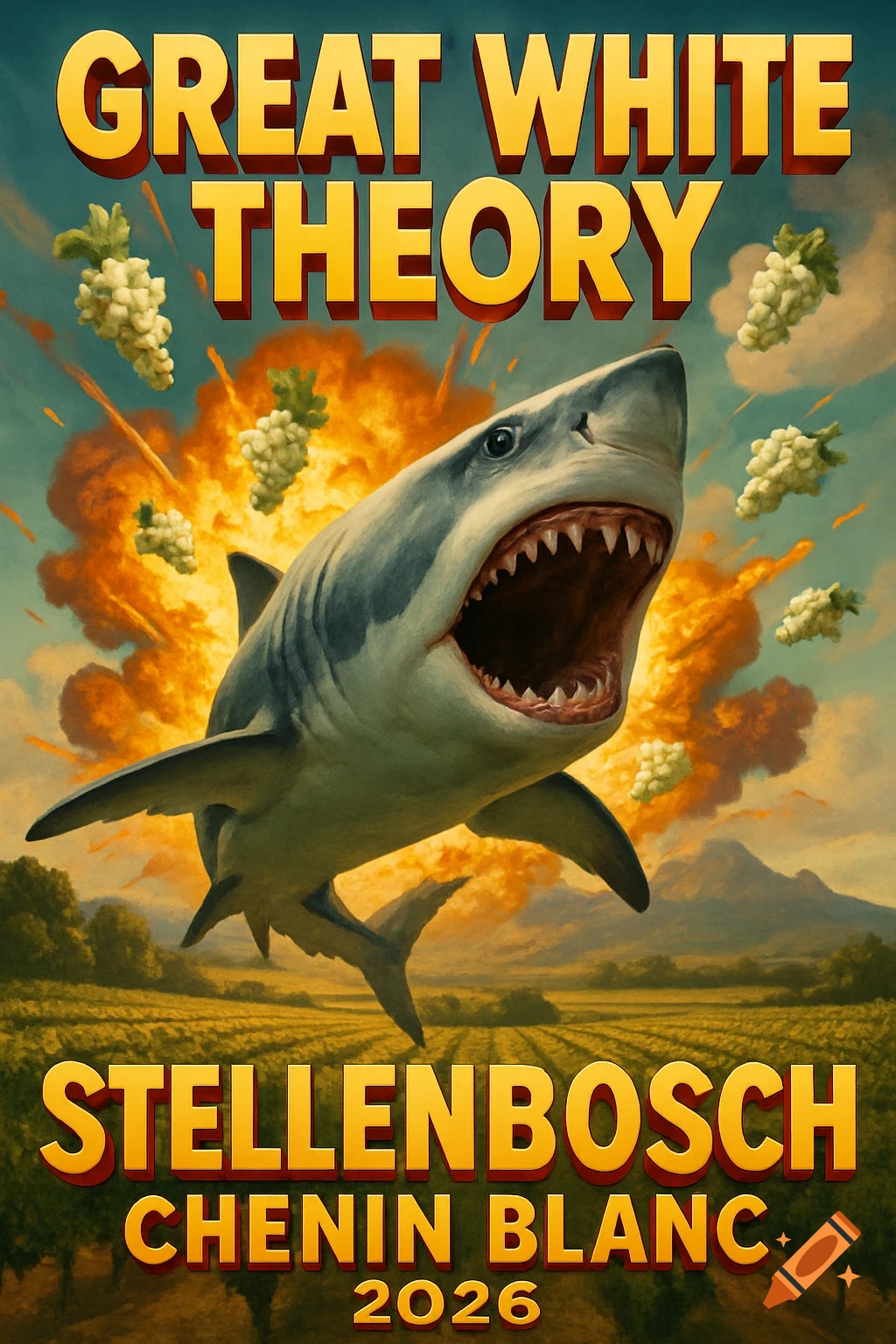 A stylized image of a great white shark flying over vineyards with explosions and grapes, with text.