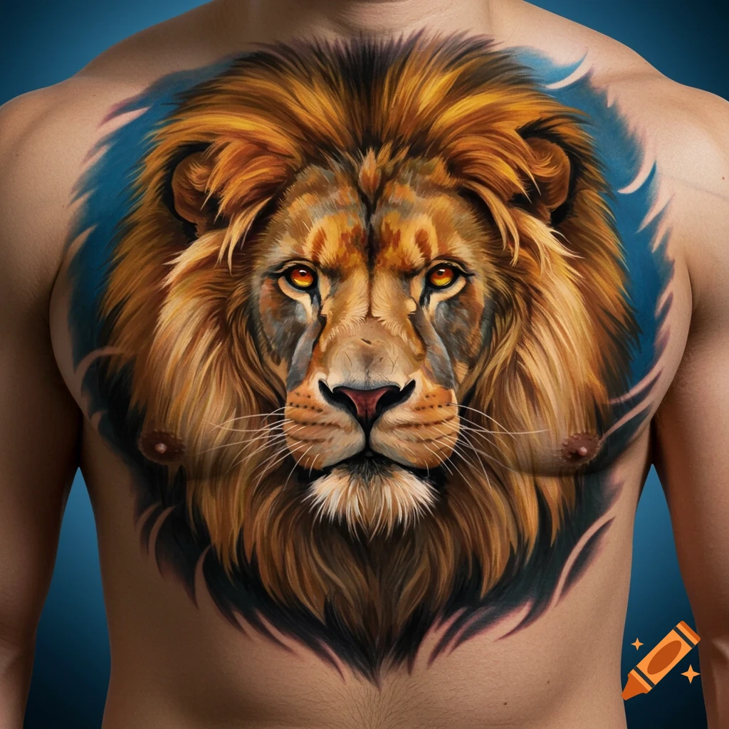 Realistic lion chest tattoo on a person