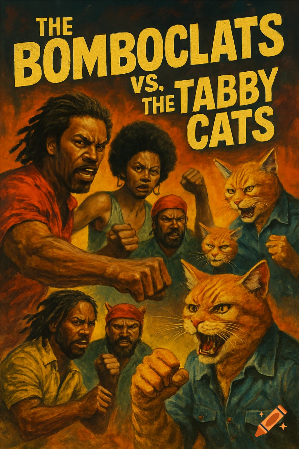 Movie poster style illustration of humans and anthropomorphic cats facing off in a fight.