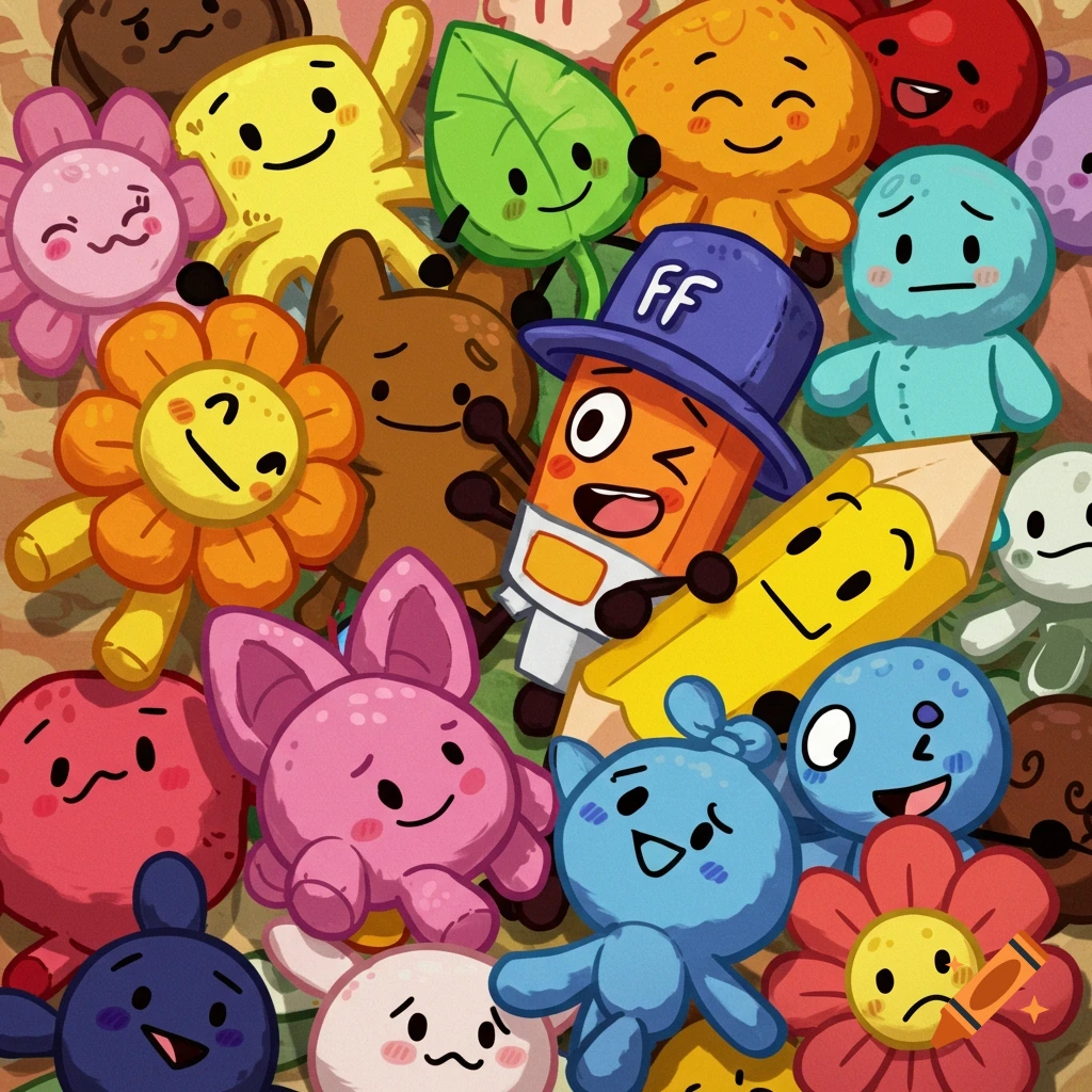Pile of colorful smiling cartoon plush toy characters