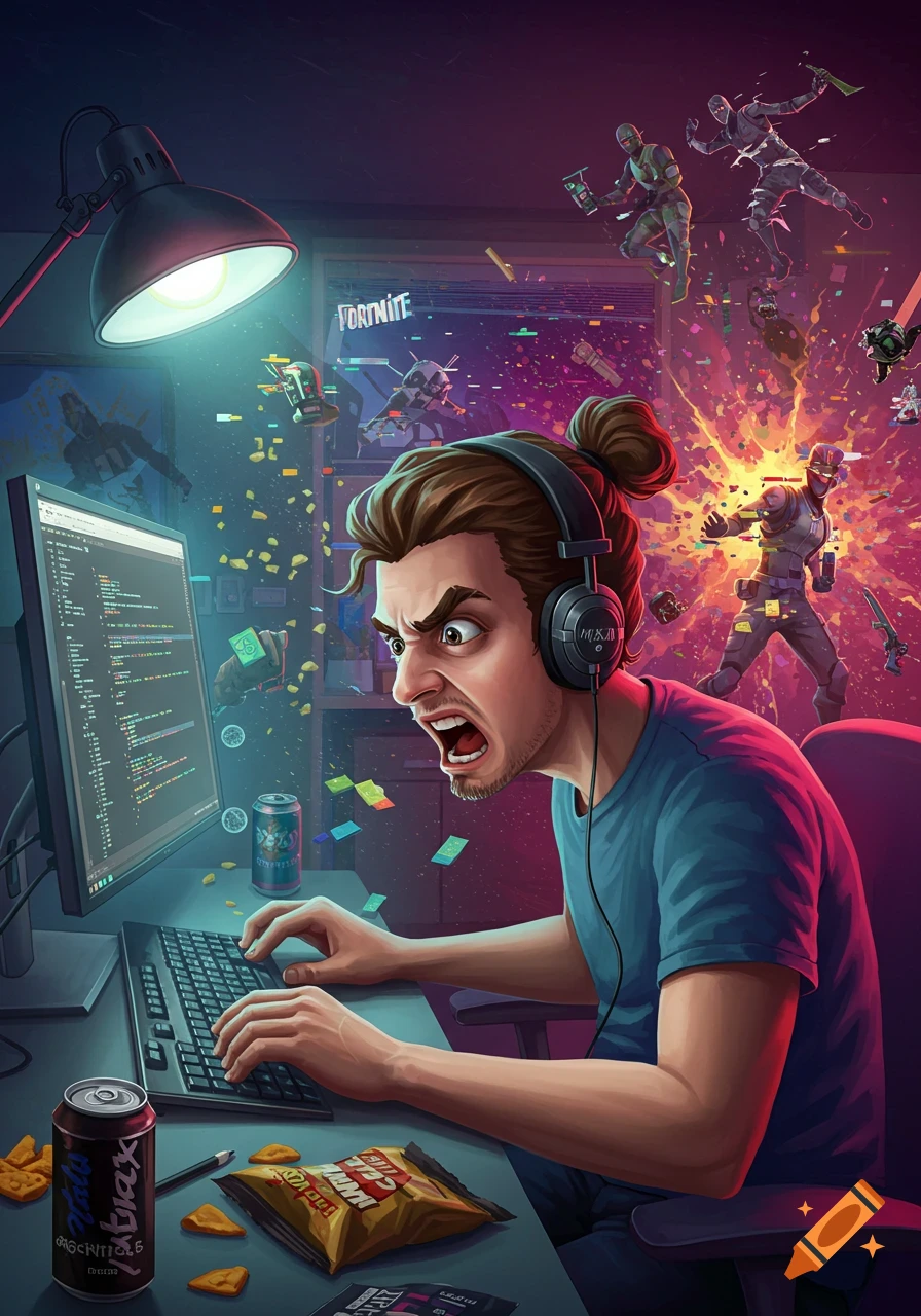 Illustration of a software engineer looking stressed while playing Fortnite, surrounded by coding text on screen and game elements exploding.