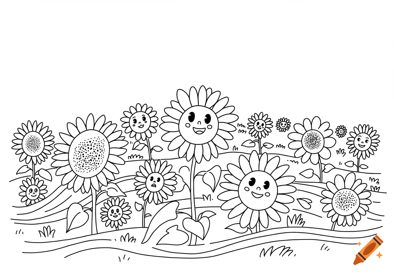 Black and white line art coloring page of cartoon sunflowers with faces in a field.